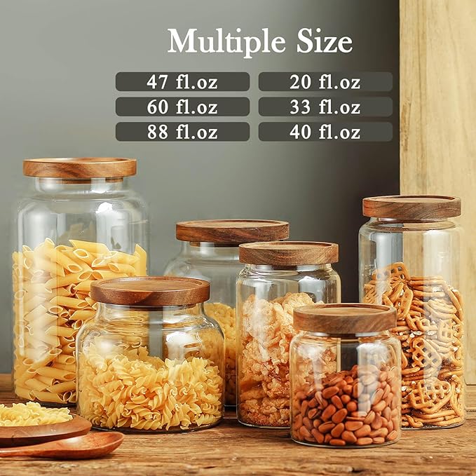 Labina Glass Storage Container Airtight Food Jars Kitchen Canister with Wood Lids, 40 Oz Wide Mouth Pantry Organization Glass Jar for Flour, Sugar, Cookie, Spagetti, Nuts and Candy
