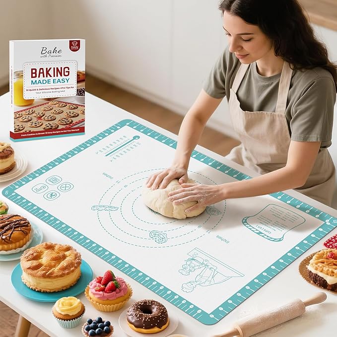 Silicone Baking Macaron Mat with 10 Recipes, Silicone Dough Mat for Rolling, Silicone Mat for Baking Macaron, Cookie, Bread, Pizza,Surdough, Fondant Mat for Kitchen, Extra Large and Oven Safe