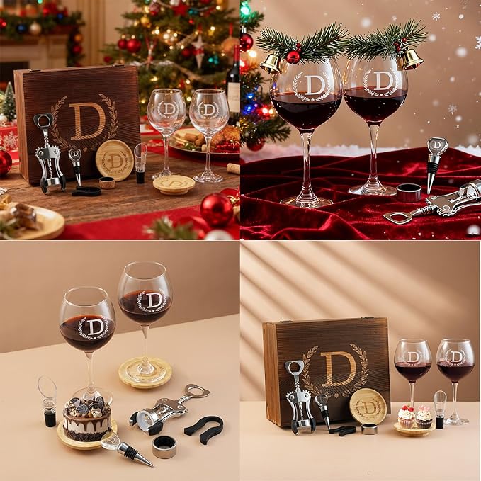 GZLDGIFTS Personalized Initial Wine Glasses Box Gift Set For Women Mom Engraved Birthday Monogrammed Wooden Christmas Gifts Wedding Anniversary Wine Couples Stopper Opener Initial Letterr (S Set)