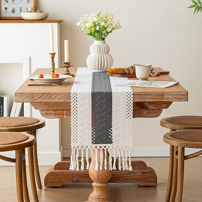 FEXIA Boho Table Runner for Home Decor with Tassels 36 Inches Long,Grey Farmhouse Rustic Table Runner Macrame Burlap Table Decoration for Living Room Bridal Shower(12x36 Inches)