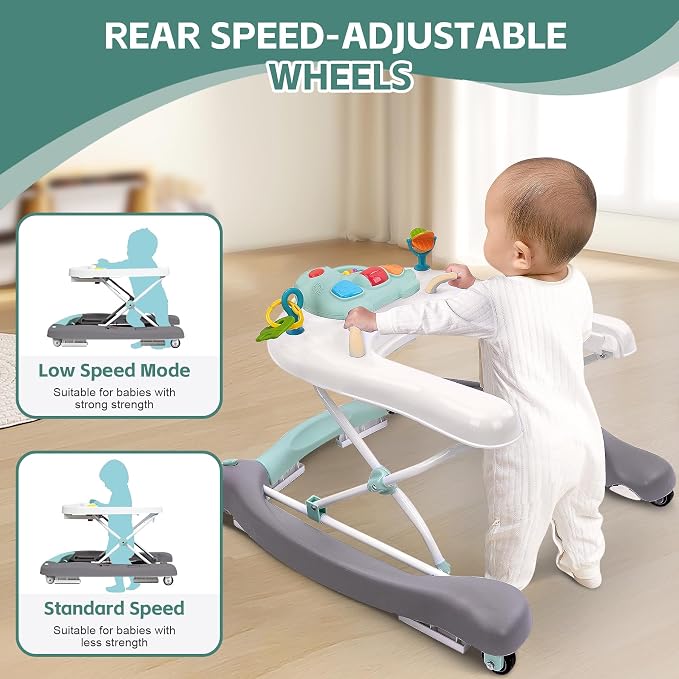 Foldable Baby 5-in-1 Activity Walker - Rocker, Activity Center, Bouncer, Seat Walker, Push Walker - Adjustable Speed Rear Wheels and Height Toys Ages 6-18 Months… (Mint Green)