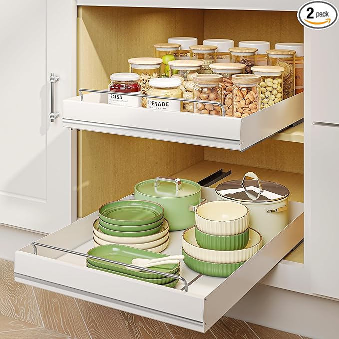 Mingling 2 Pack Pull Out Cabinet Organizer, Carbon Steel Heavy Duty Slide Out Drawer, 21" Deep White Adhesive Pull Out Drawers for Cabinets, Roll Out Shelves for Kitchen Organization, Pantry, Bathroom