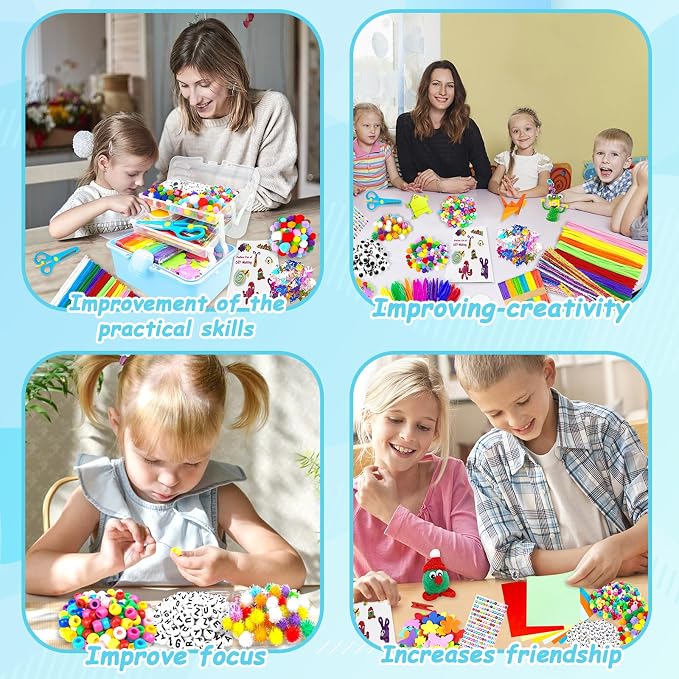 3000 Arts and Crafts Supplies for Kids Craft Kit Craft Box with Pipe Cleaners Arts and Crafts for Kids Age 4-6, 6-8, 8-12 DIY School Supplies Materials Set Toys Gifts for Girls Boys Toddlers, Blue