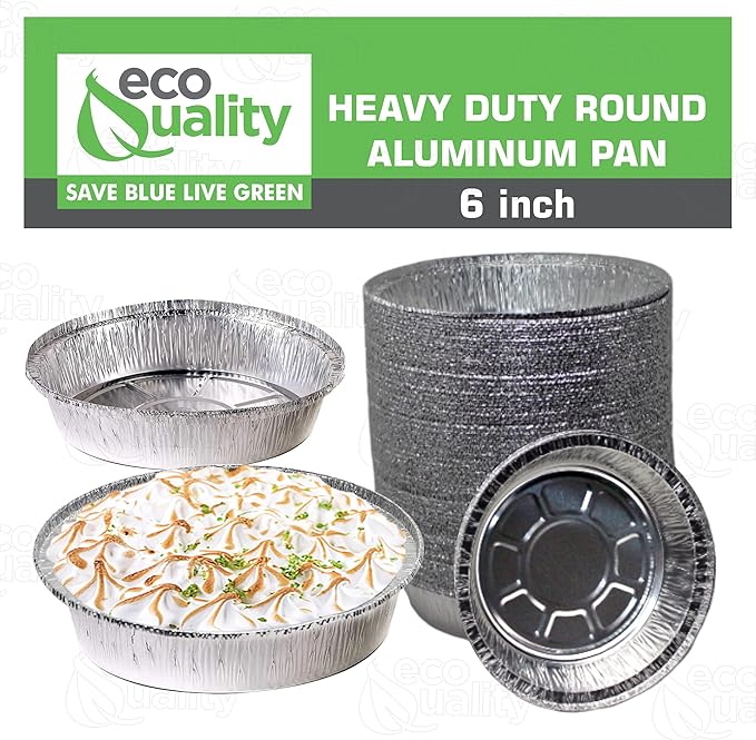 EcoQuality 6" Round Aluminum Foil Pans - Disposable Containers with Foldable Walls for Pie Baking, Cooking, Serving, Reheating, and Storing - Freezer and Oven Safe Tart Pan 200 Pack