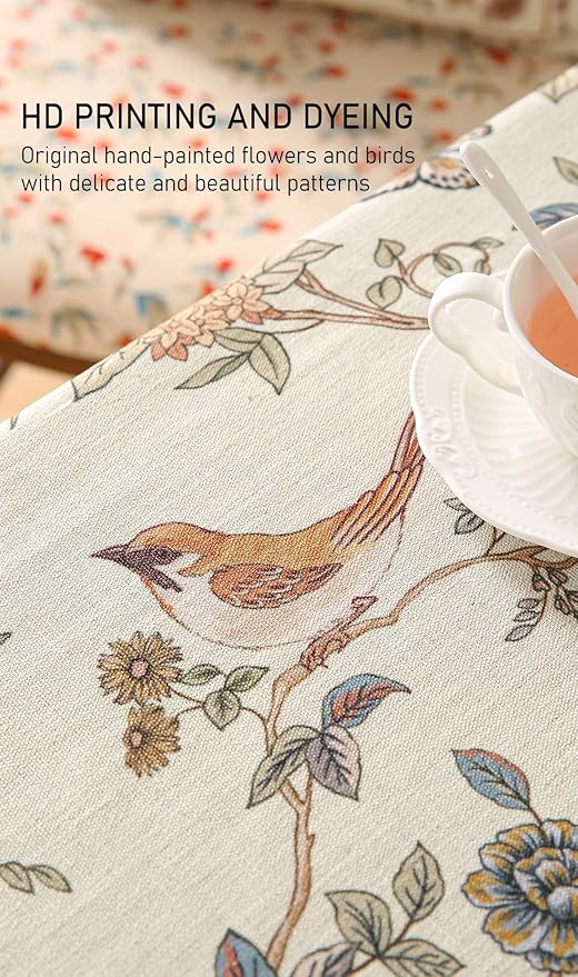 ISAENNE Designer French Light Beige Small Rectangular Tablecloth,Linen Florals and Birds Pattern Table Cloth,Anti-Wrinkle Decorative Tablecloths for Dining Thanksgiving Kitchen,55"*71"-Cornucopia