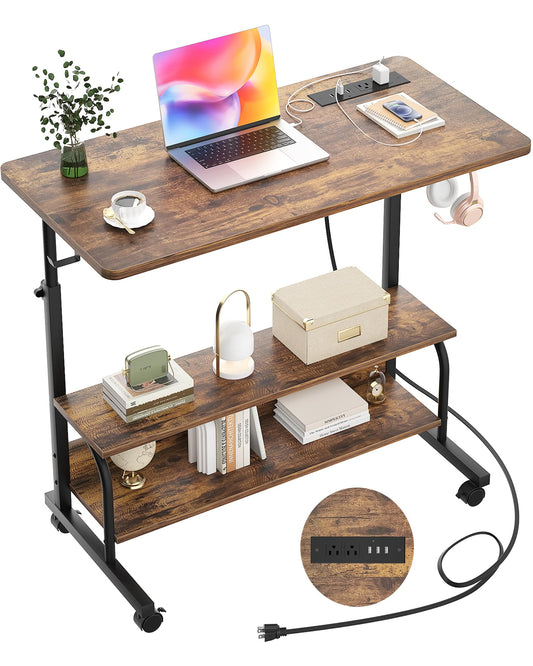 Armocity Height Adjustable Standing Desk with Power Outlets, 32" Manual Stand Up Desk with Storage Shelves Small Mobile Rolling Computer Desk Portable Laptop Table with Wheels for Home Office, Rustic