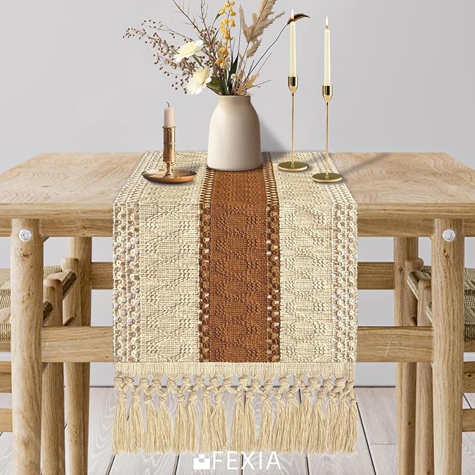 FEXIA Boho Table Runner for Home Decor with Tassels 108 Inches Long,Caramel Farmhouse Rustic Table Runner Macrame Burlap Table Decoration for Living Room Bridal Shower(12x108 Inches)