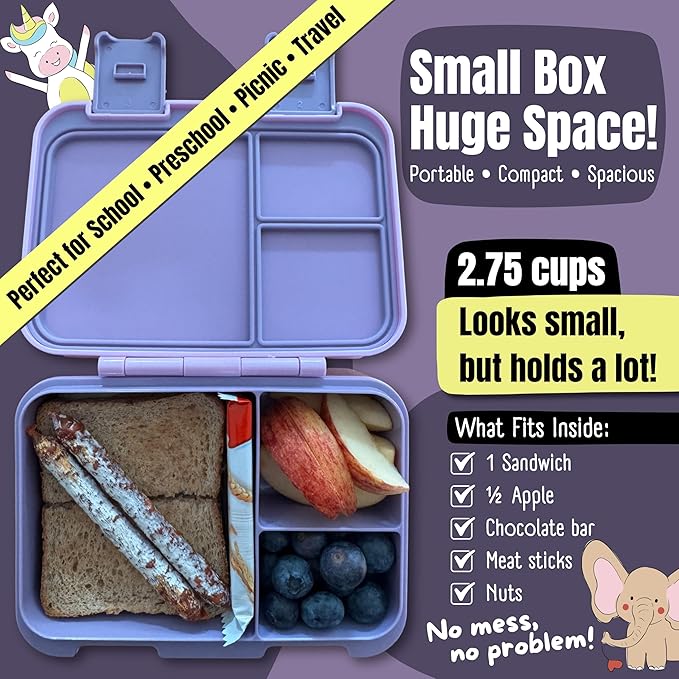 BEARFOOT Kids Lunch Box with Compartments – Compact & Lightweight | Leak-Proof, BPA-Free, Dishwasher & Microwave Safe | Hand-Drawn Design for Preschool, School, Travel (Mermaid Purple, 2.75 Cups)
