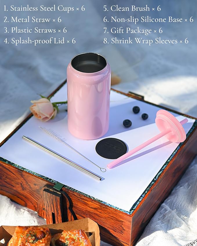 6Pack Glass Cups with Lids and Straws, 16oz Stainless Steels Cups, Beer Cup, Iced Coffee Cups, Smoothie Cup, Sublimation Tumbler (Shiny Polished Finish, Sublimatable)