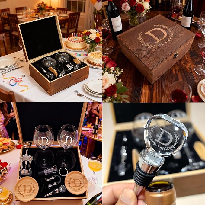 GZLDGIFTS Personalized Initial Wine Glasses Box Gift Set For Women Mom Engraved Birthday Monogrammed Wooden Christmas Gifts Wedding Anniversary Wine Couples Stopper Opener Initial Letterr (R Set)