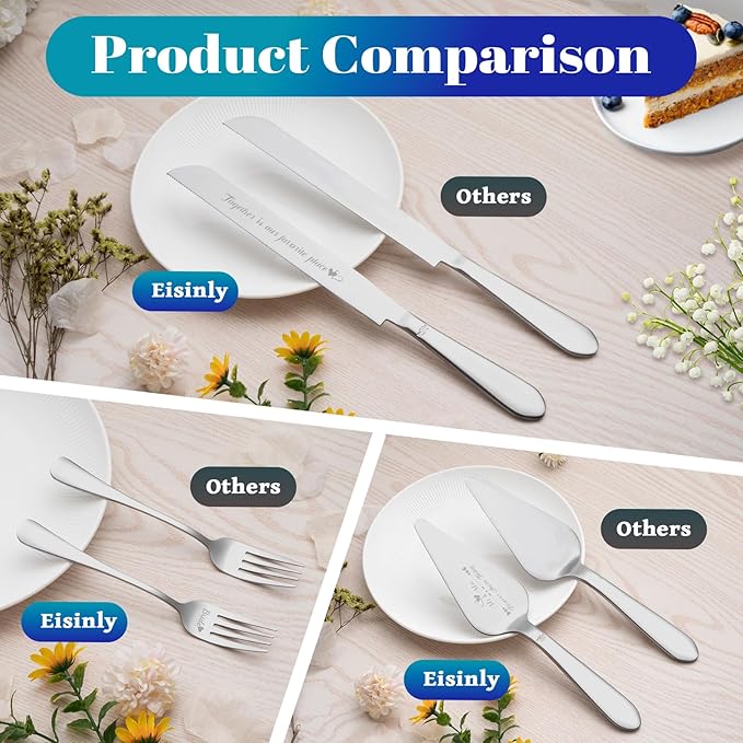 Eisinly Cake Cutting Set for Wedding, Elegant Cake Knife and Server Set with Stainless Steel Forks, Cake Cutter and Pie Spatula for Couples Wedding Registry, Engagements, Anniversary, 4 Pcs, Silver