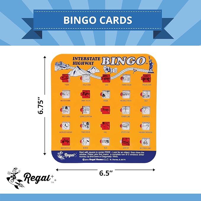 Regal Games Finger-Tip Shutter Bingo Cards with Sliding Windows - Interstate Highway Game Set - Travel Bingo Game for Adults & Kids - Reusable, No Chips & Daubers Needed - 4 Packs - Orange