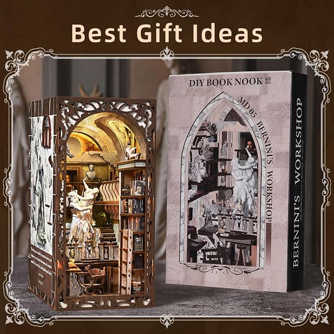 CCCDF DIY Book Nook Kit, 3D Wooden Puzzle for Adults, Teens, DIY Miniature Dollhouse Booknook Kit Bookend Bookshelf Insert Decor with LED Light (Bernini's Sculpture Workshop)
