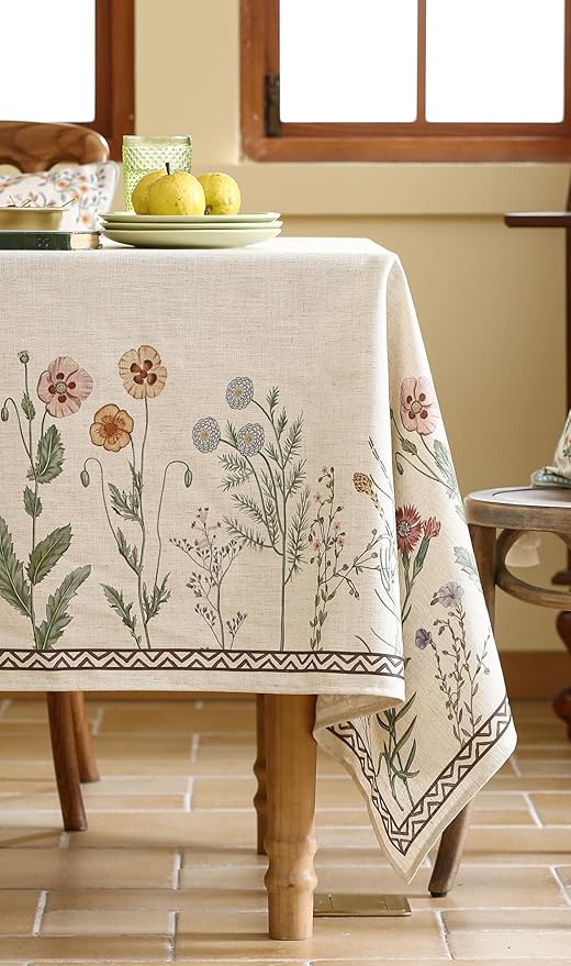 ISAENNE Designer Off White Linen Square Tablecloth,Floral Elegant Table Cloth,Stain Resistant Vintage Decor Tablecloths for Dining Thanksgiving Kitchen Christmas Party,67"*67"-Serenity G