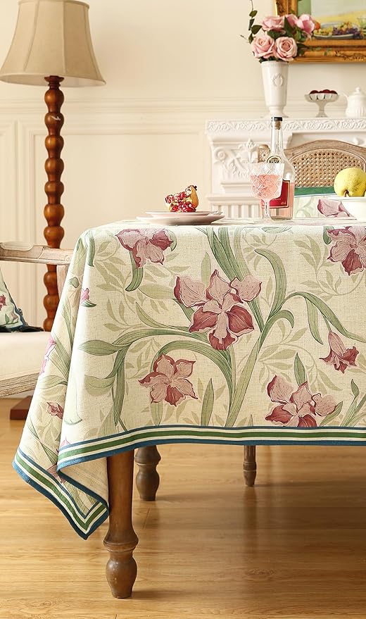 patdrea Designer Linen Green Rectangle Tablecloth,Framhouse Violets Pattern Floral Extra Long Tablecloths,Table Cover Decor for Kitchen Dining Christmas,Thanksgiving,Tea Party,63"x110"-Tara a