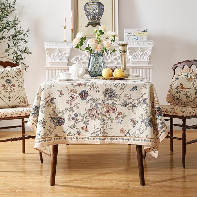 ISAENNE Designer French Light Beige Tablecloth Rectangular,Linen Florals and Birds Pattern Table Cloth,Anti-Wrinkle Decorative Tablecloths for Dining Thanksgiving Kitchen,55"*87"-Cornucopia