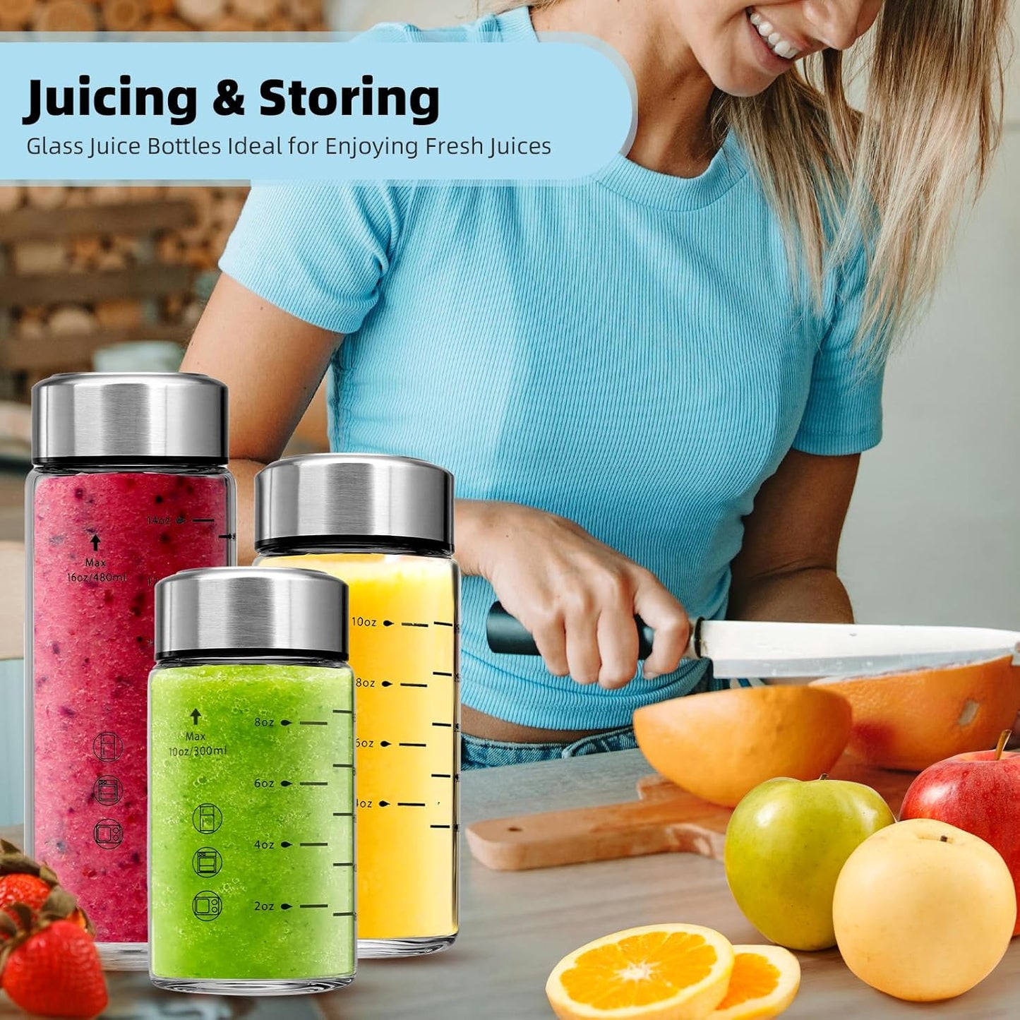 Glass Juice Bottles 4 Pack 16 oz - Wide Mouth Glass Water Bottles with Lids - Borosilicate,Stainless Steel Lids for Juicing, Smoothies, Infused Water, Beverage Storage, Leakproof, Reusable, BPA Free