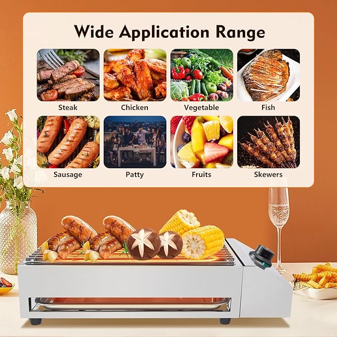 Electric Indoor Grill 1800W, 2 in 1 Smokeless Indoor Stainless Steel Grills with Non-stick Removable Grill & Grease Catcher Tray, 122-302°F Temperature Control Portable Flat Top Korean BBQ Grill