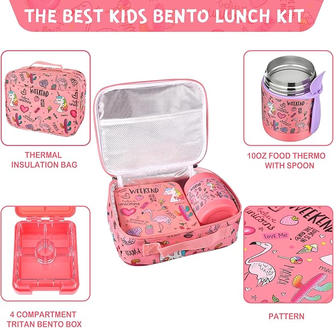 Pawtong Bento Lunch Box Set With 10oz Soup Thermo, Leak-proof Lunch Containers with 4 Compartment, Kids Hot Thermo Food Jar/Insulation Lunch Bag, Food Containers for School（Flamingo）