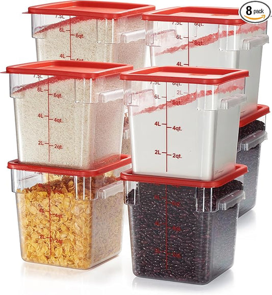 CURTA 8-Pack 8 Qt NSF Clear Polycarbonate Food Storage Containers with Red Lids - Square, Commercial-Grade, Freezer & Dishwasher Safe, Stackable