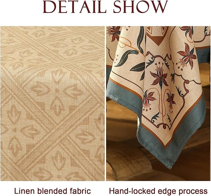 patdrea Designer French Linen Tablecloth for Rectangle Table,Beige Anti-Wrinkle Durable Floral Farmhouse Table Cloth,Decor Covers for Kitchen Dining,Tea Party,Christmas,Thanksgiving,63"x87"-Fram