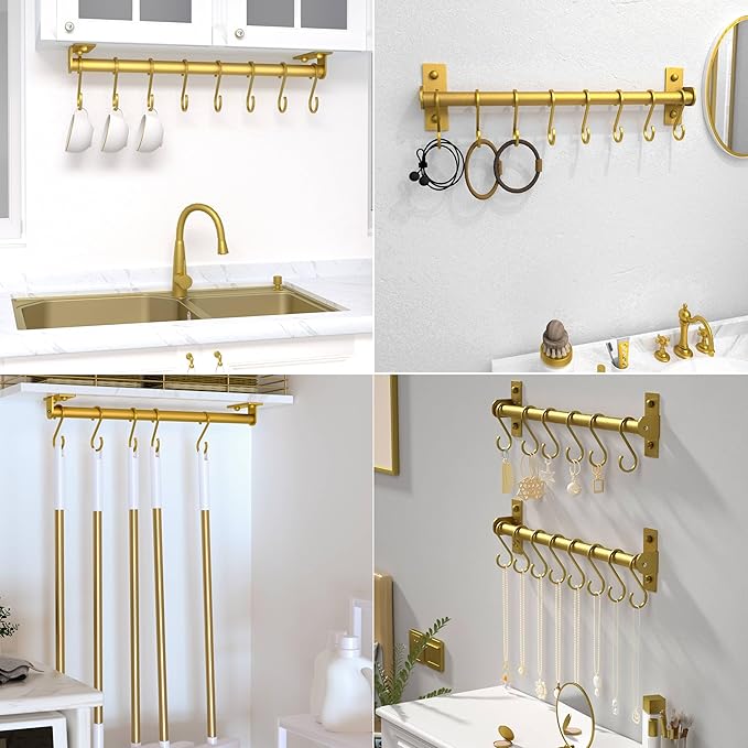 Dseap Kitchen Utensil Holder Hanger, Pot and Pan Rack Wall Mounted, Kitchen Rail with 8 Hooks for Hanging Cooking Utensils, Mugs, Spoons, Wall Mounted, Gold