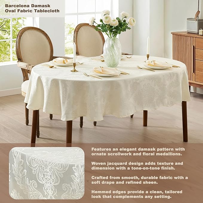 Newbridge Barcelona Luxury Damask Fabric Tablecloth, 60” Wide x 102” Oval, Antique White, 100% Polyester, No Iron, Soil Resistant Dining Room, Party and Banquet Table Cover