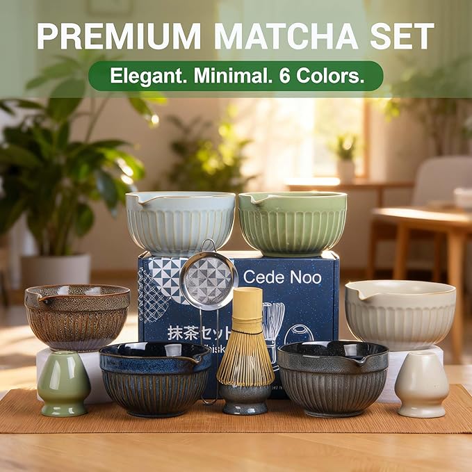 7pcs Matcha Whisk Set with 18oz Spout Bowl, Japanese Tea Ceremony Kit, Natural Bamboo Whisk Scoop, Ceramic Holder Sifter Towel, Best Gift for Beginners and Matcha Lovers