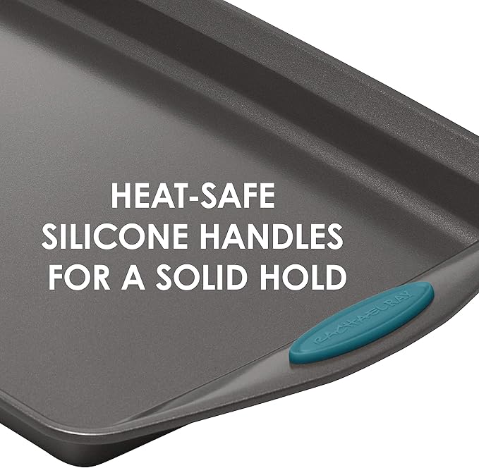 Rachael Ray Nonstick Bakeware Set with Grips includes Nonstick Bread / Baking Pans, Cookie / Baking Sheet and Cake Pans - 10 Piece, Gray with marine blue grips