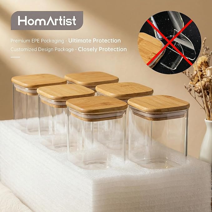 42oz - 4 Pack Square Glass Jars with Bamboo Lids, Glass Food Storage Containers with Airtight Lids for Kitchen, Air Tight Pantry Storage Containers for Cereal, Pasta, Rice, Sugar, Coffee, Spice