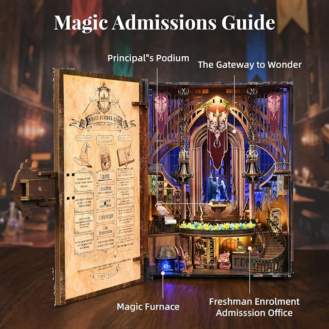 CCCDF Book Nook Kit - DIY Miniature House Kit for Adults, Teens, Booknook Tiny House Bookshelf Decor 3D Wooden Puzzle, Gifts for Family, Friends (Magic Admissions Guide)