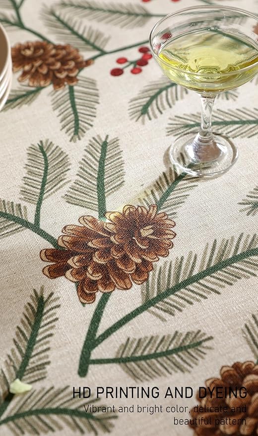 ISAENNE Designer Christmas Beige Linen Long Rectangle Tablecloth,Pinecones Pattern Indoor Table Cloths,Washable Decor Tablecloths for Dining Thanksgiving Kitchen Christmas,63"*102"-Carol B
