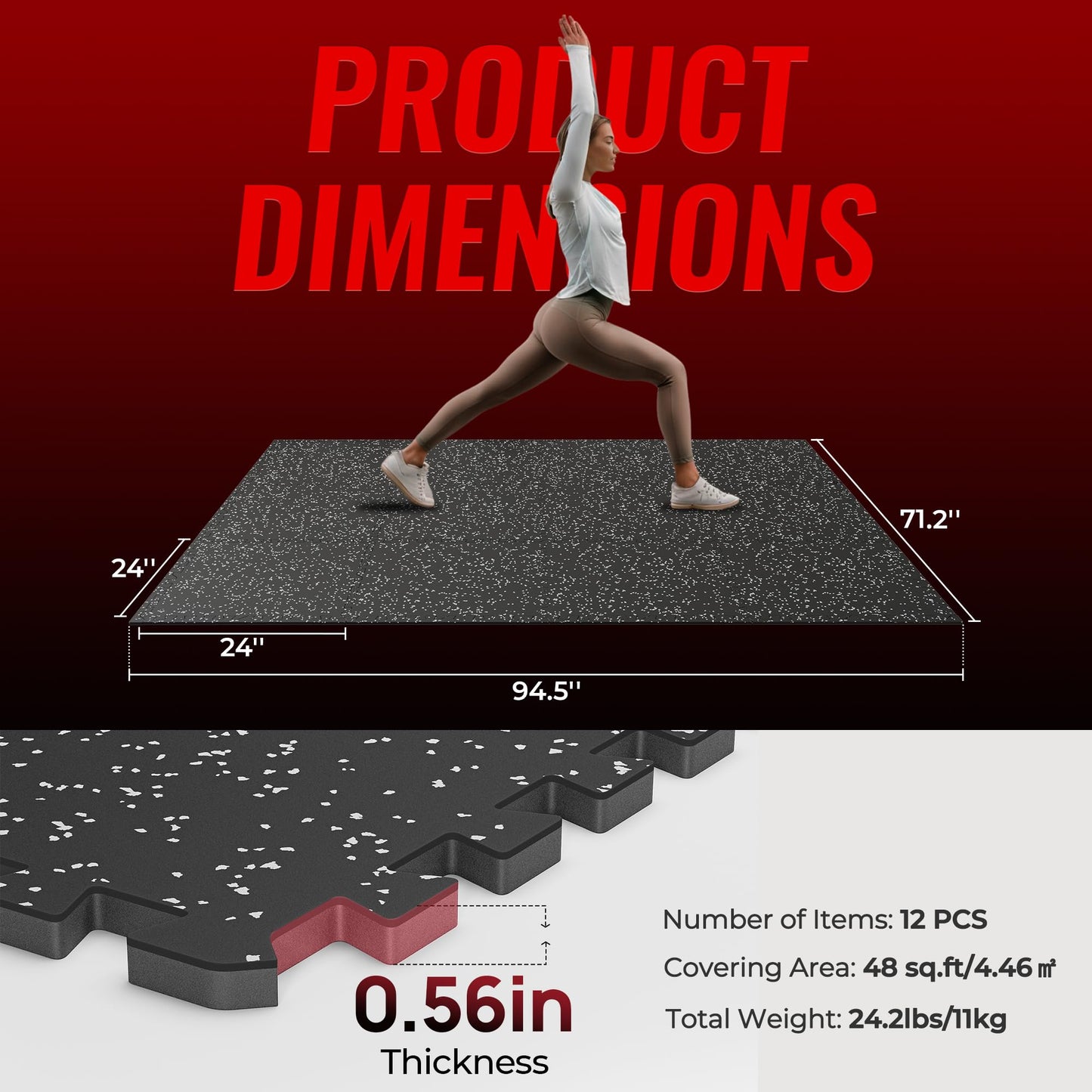 SUPERJARE 0.56'' Thick 12 Pcs 48 Sq Ft Rubber Top Exercise Equipment Mats, High Density EVA Foam Mats with Rubber Top, Interlocking Gym Flooring for Home Gym, Protective Workout Mat, Black/Grey