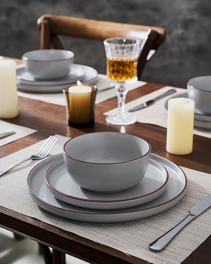 Famiware Mercury 24 Pieces Dinnerware Sets, Plates and Bowls Sets for 8, Microwave and Dishwasher Safe Dish Set, Light Grey
