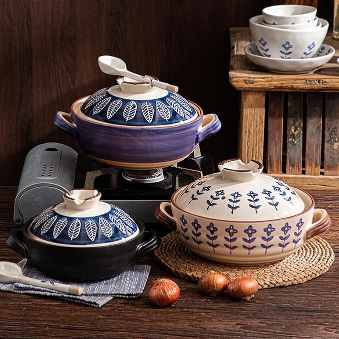 Ceramic Casserole, Japanese Clay Pot Donabe Stone Rice Pot With Lid, Earthen Pot Stockpot Ceramic Casserole Cooker Healthy Cookware Stove Pot Soup Hot Pot(Color:D)