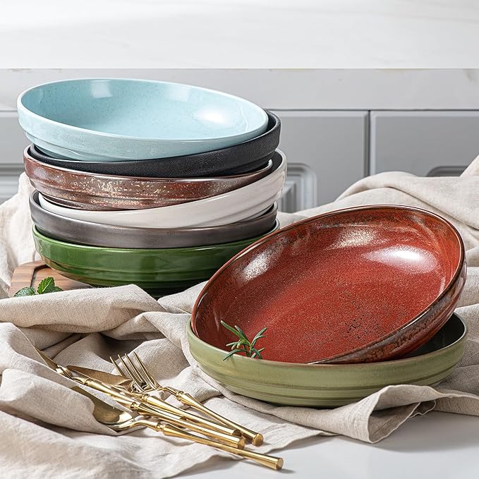 HAPPY KIT 9'' Large Pasta Bowls Set of 4, 42 Oz, Stoneware Reactive Glaze Salad Bowls, Ceramic Serving Bowls for Fruit,Soup,Noodle, Dinner, Scratch Resistant, Dusty Rose
