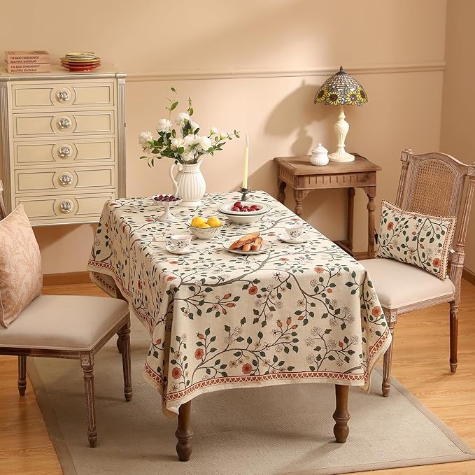 ISAENNE Designer Floral Small Square Tablecloth,French Linen Light Beige Indoor Table Cloth,Fall Wrinkle Resistant Decor Tablecloths for Dining Thanksgiving Kitchen Party,55"*55"-Flora A