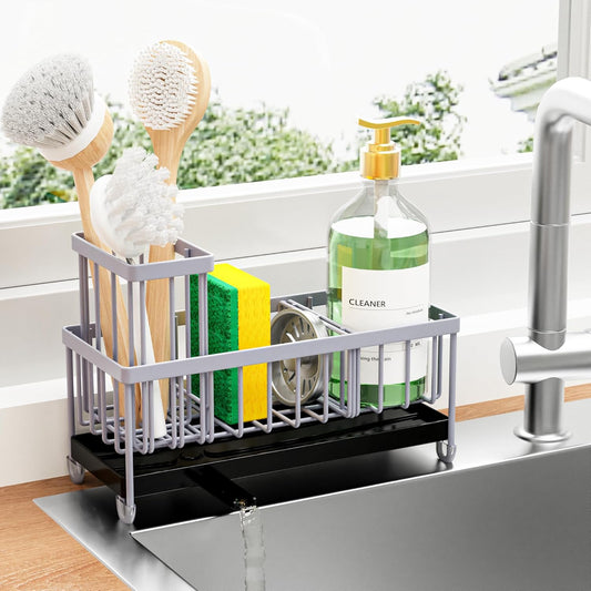 Cisily Light Gray Sponge Holder for Kitchen Sink, Sink Caddy Organizer with High Brush Holder, Kitchen Countertop Organizers and Storage Essentials, Rustproof 304 Stainless Steel, Soap Dispenser