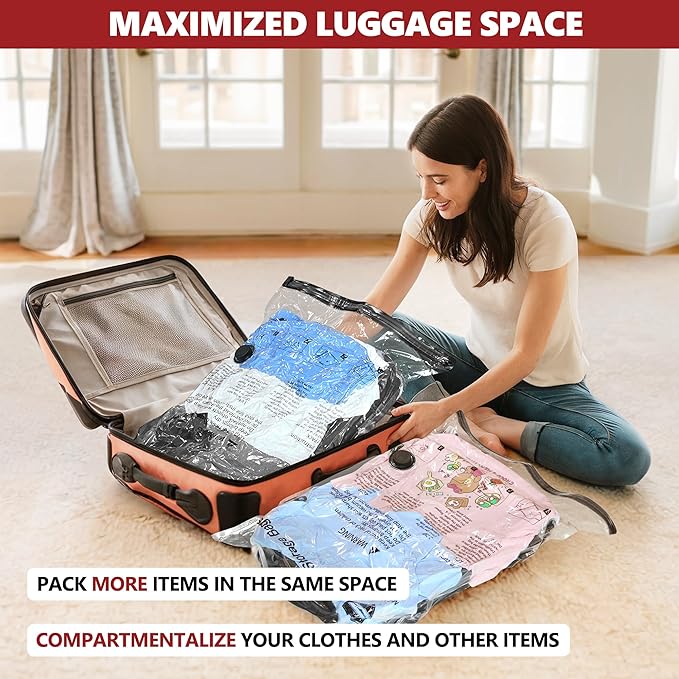 SUOCO Travel Vacuum Bags for Luggage with Portable Electric Pump, 8 Medium Packing Seal Bags for Clothing Suitcase Backpack, Space Saver Compression Clothes Storage Bags