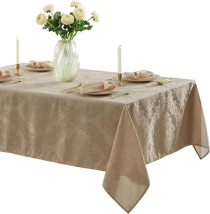 Newbridge Barcelona Luxury Damask Fabric Tablecloth, 60” Wide x 120” Rectangle, Golden Beige, 100% Polyester, No Iron, Soil Resistant Dining Room, Party and Banquet Table Cover
