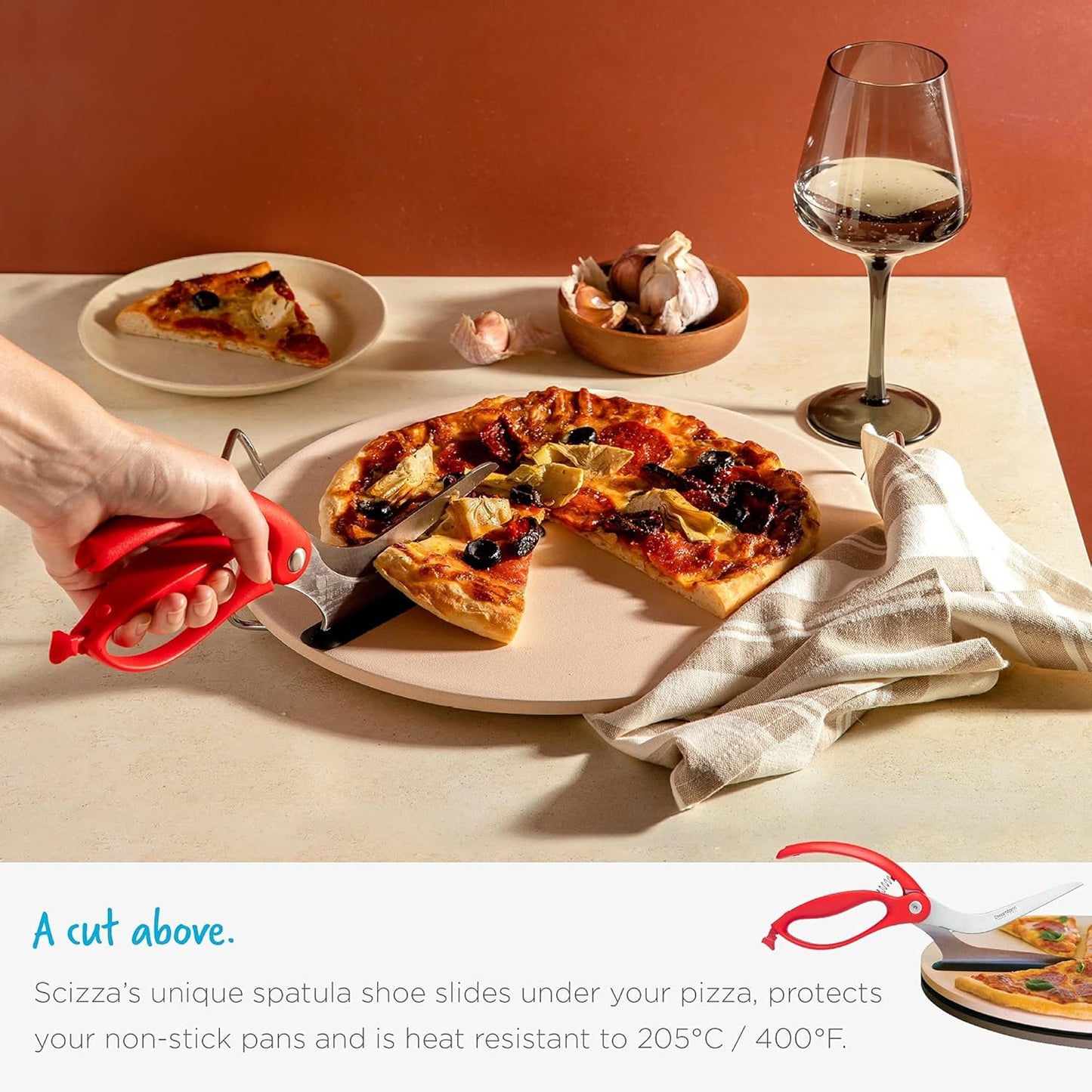 Dreamfarm Scizza 2-In-1 Easy Ergonomic Pizza Scissors with Stainless Steel Pizza Cutter Blades & Non-Stick Slice Server - Red