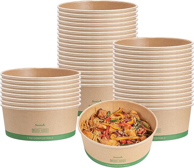 Restaurantware Compostable Paper Food Containers 200 Pack Of 50 oz BPI-Certified Round Kraft Salad Bowls Disposable Grease-Resistant Meal Prep Take Out Containers For Ice Creams, Soups, Snacks