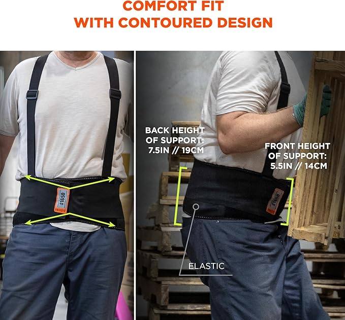 Ergodyne ProFlex 1650 Back Support Belt, 7.5" Elastic, Adjustable, Removeable Straps, Small, Black