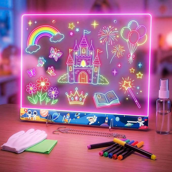 16" LumiBoard LED Drawing Board for Kids - 7 Colors & 10 Modes Rechargeable Acrylic LED Note Board with 7 Markers Cleaning Kit, Sketching & Birthday Gifts for Kids/Girls/Teens（Space）
