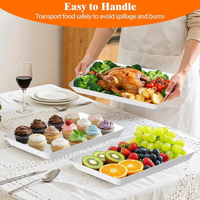 SpaceTrove 4-Pack Serving Tray Set, Reusable Plastic Serving Platter for Party Supplies, Entertaining, Grilling Accessories, Stackable Kitchen Snack Box Container for Dessert, Fruit, Cookie, (White)