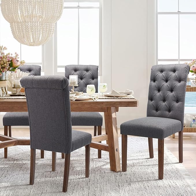 COLAMY Button Tufted Dining Chairs Set of 4, Parsons Upholstered Fabric Dining Room Chairs Kitchen Chairs with Wood Legs and Padded Seat, Dark Grey