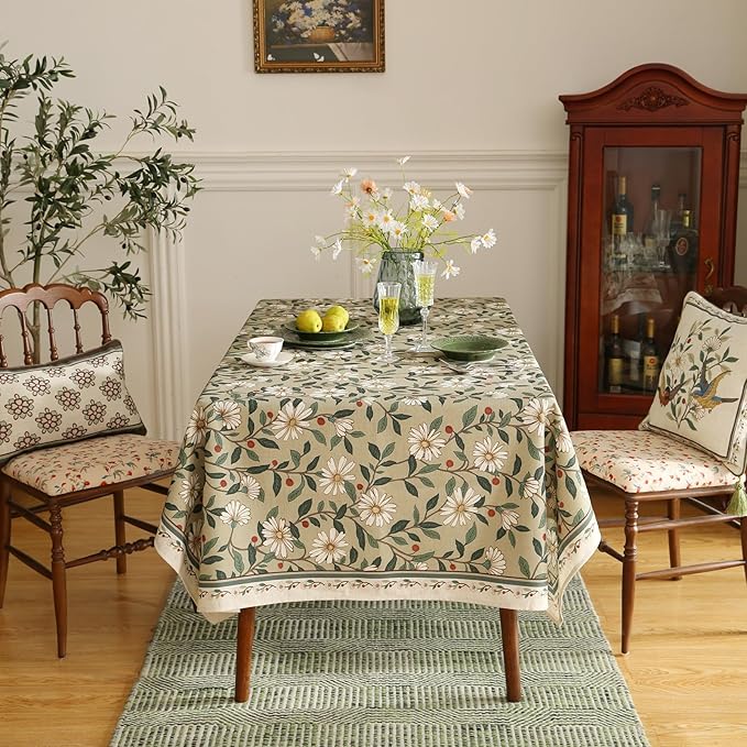 ISAENNE Designer Green Linen Tablecloth Rectangular,Floral French Country Indoor Table Cloth,Stain Resistant Home Decor Tablecloths for Dining Kitchen Thanksgiving Party,55"*87"-Brune