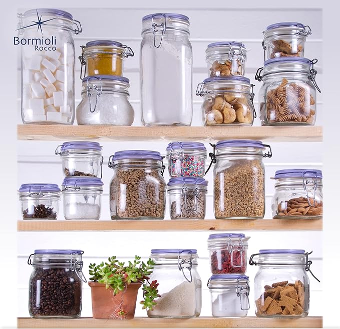Bormioli Rocco Fido Collection, 2 Pack, 33¾ Oz. Food Storage Glass Jars, Airtight Rubber Seal & Glass Lid, With Stainless Wire Clamp, Made In Italy.