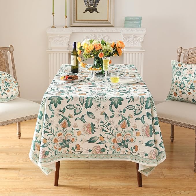 patdrea Designer French Green Table Cloth for Rectangle Table,Vintage Italian Floral Country Linen Extra Long Tablecloth,Decor Cover for Kitchen Dining,Christmas,Thanksgiving,67"x118"-Tree Life