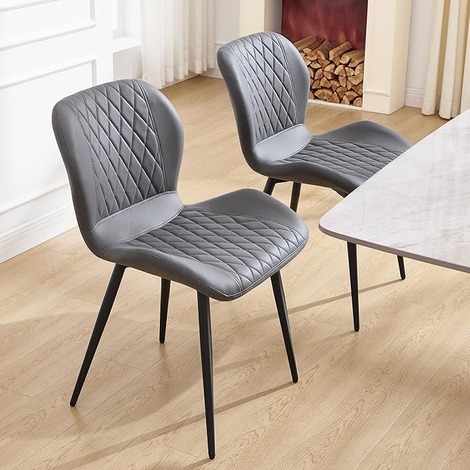 Dining Chairs Set of 2, Comfy Modern Dining Chairs with Thick Cushions, Upholstered Fabric Kitchen Side Chairs with Adjustable Metal Legs for Dining Room (Dark Grey)